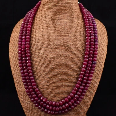 615.00 Cts Earth Mined 3 Strand Red Ruby Flower Carved Beads Necklace JK 18E165 - Image 1 of 3