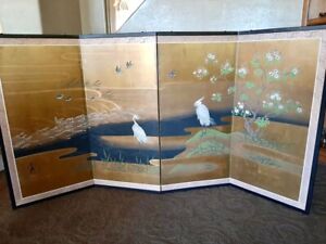 Japanese Gold Paint 4 Panel Byobu Screen (Herons) 72” x 36”
