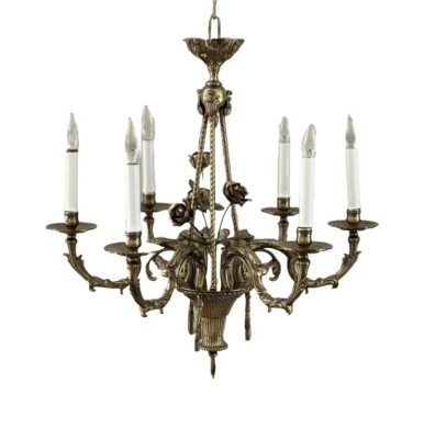 Antique French Brass Art Nouveau No Crystal Flower Basket Chandelier SPAIN - Image 1 of 4