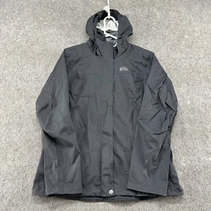 REI Jacket Womens L Black Hooded Rain Coat Snap Pockets Hiking Nylon Peak 2.5L - Picture 1 of 12