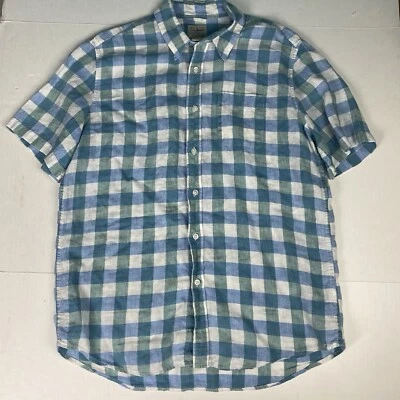 LL Bean Men’s Large Shirt Button Up Checkered Slightly Fitted Linen Short Sleeve - Image 1 of 4