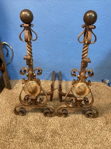 Antique￼ 29”Wrought & Cast Iron Fireplace Andirons Cover