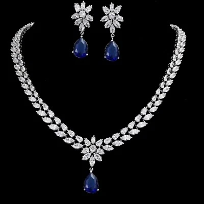 Conjunto de aretes collar zafiro azul laboratorio chapado en oro blanco de 18 quilates regalo de aniversario Foto 1 de 4