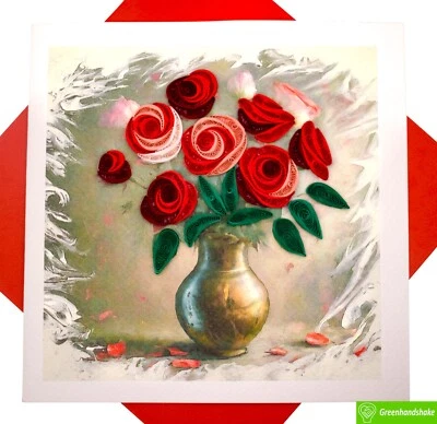 Cartão comemorativo Roses in Bloom Quilling - Arte dedicada exclusiva feita à mão - Imagem 1 de 4