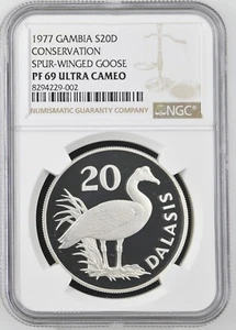 1977 GAMBIA SILVER 20 DALASIS SPUR WINGED GOSE NGC PF 69 ULTRA CAMEO BEAUTIFUL - Picture 1 of 2