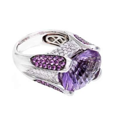 Anillo único de plata 925 y zafiro rosa amatista talla fantasía 12,83 quilates circonita cúbica blanca Foto 1 de 4