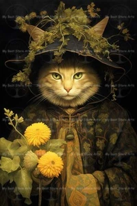 Cute Flora Cat Fine Art Print, Cat Picture, Cat Home Decor, Witchy Cat Painting - Picture 1 of 4