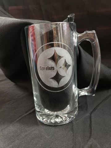 2 Excellent Condition ~ Pittsburgh Steelers 7 1/4" Heavy Duty Etched Mugs ~ Cover