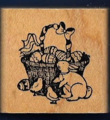 CONEJO POLLITOS CESTA DE PASCUA ARCO HUEVO DECORADO DELAFIELD D366 SELLO DE GOMA Foto 1 de 3