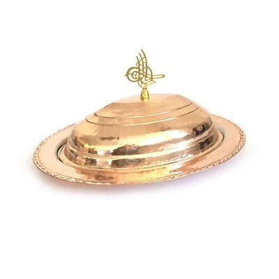 Plato de servir de cobre ovalado estilo otomano martillado a mano con tapa mango de latón 10 piezas Foto 1 de 4