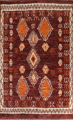 Red Wool Geometric Moroccan Style Rug 7x10 Ft Handmade Burgundy Oriental Carpet - Image 1 of 4