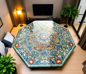 36" Green Marble Inlay Dining Table Handmade Octagonal Table Multi Stone Art Dec - Picture 1 of 8