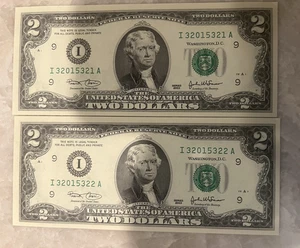 2 CONSECUTIVE $2 FEDERAL RESERVE NOTE GREEN SEAL SERIES 2003 $2 BILLs-Uncirc - Picture 1 of 2