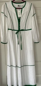 Cefinn Salone Linen Blend Maxi Dress White with Emerald Trim Size 12 - Picture 1 of 13