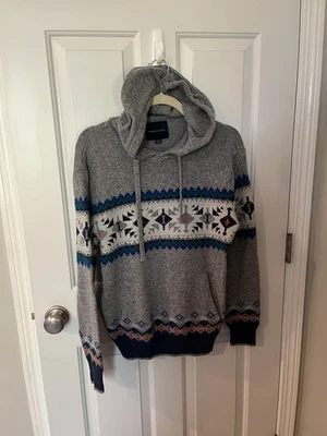American Eagle Mens Sweater Aztec Tribal Gray Fair Isle Hoodie Wool Cotton Med - Imagem 1 de 4