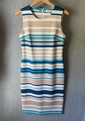 Calvin Klein Striped Dress Sz 10 Sleeveless Sheath Career Office Blue Stretch - Image 1 of 4