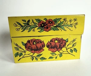 Vtg Mustard Yellow 1970's Red Flowers Syndicate Decorative Metal Recipe Box - Picture 1 of 10