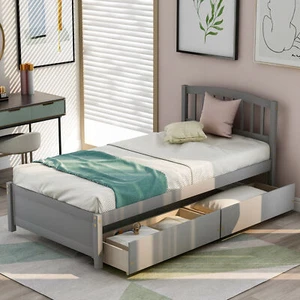 Twin Platform Storage Bed Wood Bed Frame with Two Drawers and Headboard, Gray - Picture 1 of 12