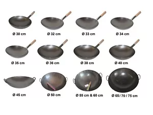 Wok Pfanne Ø 30 - 75 cm rund Asia Gastronomie Gasherd Carbon Stahl Eisen - Afbeelding 1 van 88