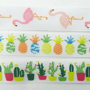 15mm White Satin Pineapple Flamingo Cactus Ribbon BUY 1 2 4m+ 3 STYLE 866 - Picture 1 of 5
