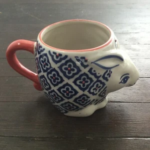 Yokohama Studio Coffee Mug Bunny Rabbit 3D Embossed Orange Blue Anthropologie - Picture 1 of 7