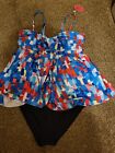 New Adome Two Peice Bathing Suit  Geometric Design Top Black Bottom. Size Large.