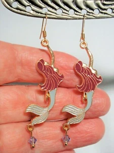 2 1/2" Drop Dangle Enamel Red Haired Purple Mermaid Gold Plated Earwire Earrings - Picture 1 of 4