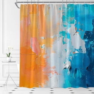 Teal Blue Orange Shower Curtain Burnt Orange Turquoise Abstract Brushstrokes ... - Picture 1 of 4
