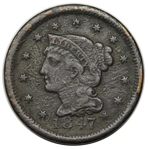 1847 Braided Hair Large Cent, N-11, R4, extremely rare TDS (d), obv & rev cuds - Picture 1 of 3