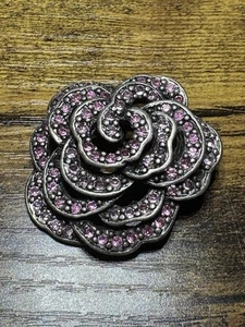 Floral Rose Pink Purple Stones Heavy Vintage Brooch Pin - Picture 1 of 4
