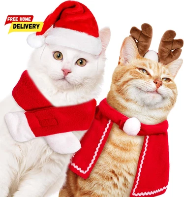 Pet Christmas Costume Outfit Set Reindeer Antlers Headband Santa Christmas Hat - Image 1 of 4