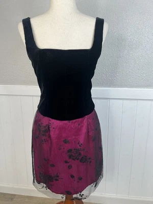 Vtg Morgan Co Formal Dress Fairy Goth 90s Y2K Floral Sheer Fuschia Black Velvet - Image 1 of 4