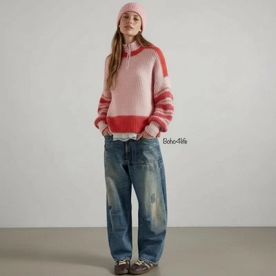 全新带标签 128 美元 French Connection Nika 1/2 拉链 2 色粉色条纹袖毛衣 M 码 — 第 1/4 张图片