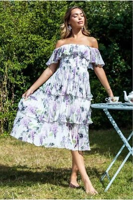 Shirred Chiffon Floral Bardot Midi Dress - Multi by Goddiva