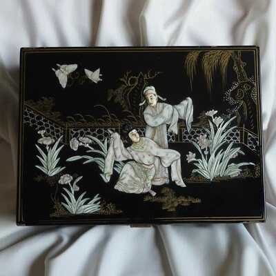 XXL Chinese Antique Ormolu Bronze Pearl Handpainted Art Gold Wood Lacquer Box - Image 1 of 4