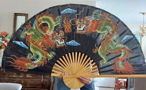 1940'S-50'S PALACE SIZE CHINESE IMPERIAL DRAGON ON SILK WALL FAN HAND PAINTED - Picture 1 of 24