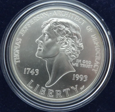 1993-P Thomas Jefferson Silver Dollar US Mint $1 Unc Commemorative Capsule - Image 1 of 2