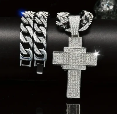 Collar Cadena Eslabón Cubano Plata Grande Circonita Helada Cruz Jesús Colgante 12mm 20" Foto 1 de 3