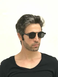 round Black metal sunglasses spring on temples retro Goth Steampunk flat lens - Picture 1 of 7