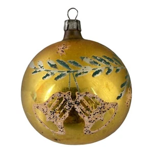 Vintage Mercury Glass Christmas Ornament BELLS Yellow Green Silver Glitter Leave - Picture 1 of 7