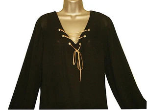 Top de gasa ligera talla grande negro manga larga con detalle de ojal - Imagen 1 de 4