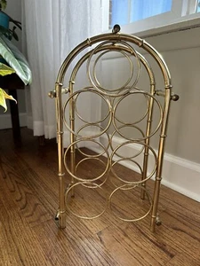 Vintage Hollywood Regency Brass Faux Bamboo 7-Bottle Tabletop Wine Rack MCM EUC - Picture 1 of 15