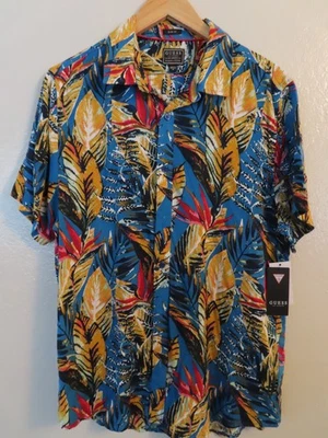 Guess Slim Fit Hawaiian Shirt Blue Yellow Birds of Paradise Palm Fronds Sz M NWT - Image 1 of 4