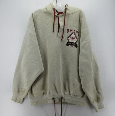 VINTAGE UMass Minutemen Sweatshirt Men XL Gray Loop Collar 1/4 Zip Hoodie 90s * - Image 1 of 4