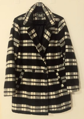 Abrigo YMI Vintage Años 2000 Guisante Difuso Cuadros Negro Blanco Talla L Cuello Botón Adelgazante Foto 1 de 2