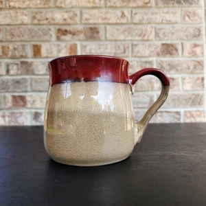 Boston Warehouse Keramik tropfenglasiert Kaffeebecher beige burgunderroter Rand 28 Unzen Übergröße - Bild 1 von 10