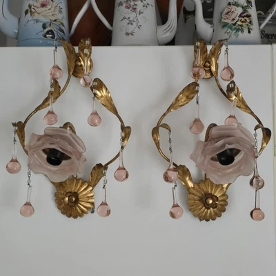 Père D'applique En Tôle Et Pampille Et Tulipes En Pâte De Verre De Couleur Rose - Photo 1/4