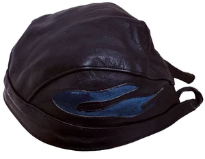 Cappello in pelle biker teschio berretto Doo Rag nero con fiamme blu motociclista - Foto 1 di 4