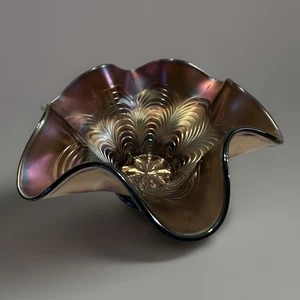 Fenton Pfauenschwanz Karneval Rüschen Schale Antik 1900er irisierende Oberfläche - Bild 1 von 20