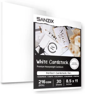 SANZIX 30 Sheets White Cardstock Paper 8.5 X 11-80Lb 216 GSM Heavyweight Thick W - Picture 1 of 12